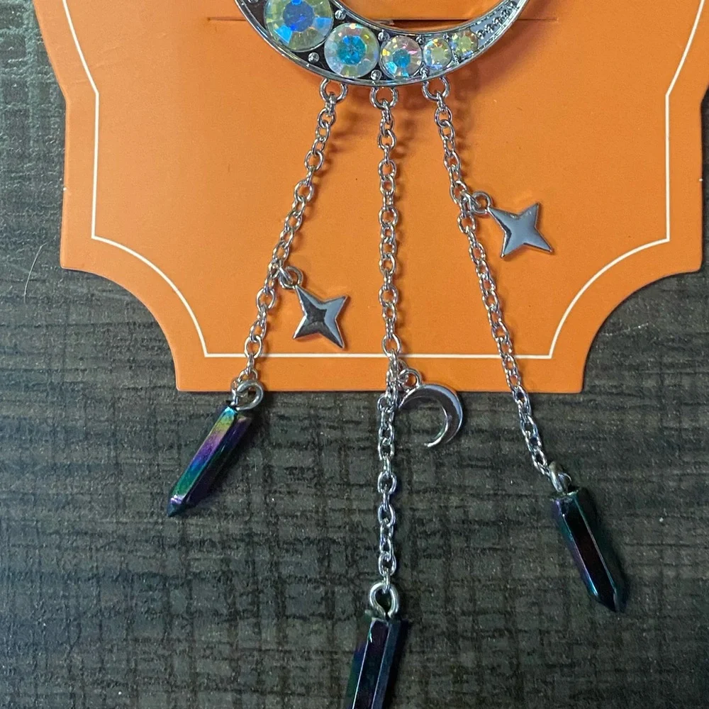 Halloween Silver Moon Dangle Hair Clip Barrette, Crescent‎ Moon Rhinestones NWT